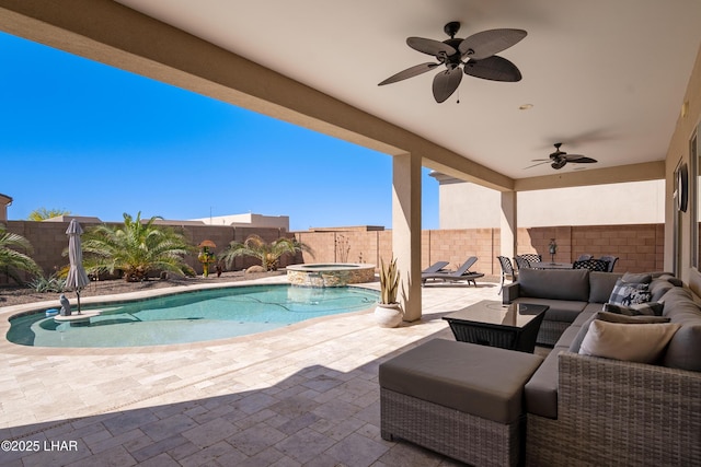 view of swimming pool with a patio, an outdoor living space, a fenced backyard, ceiling fan, and a pool with connected hot tub