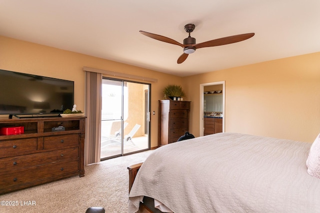 carpeted bedroom with a ceiling fan and access to outside