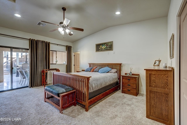 carpeted bedroom featuring vaulted ceiling, access to exterior, and ceiling fan