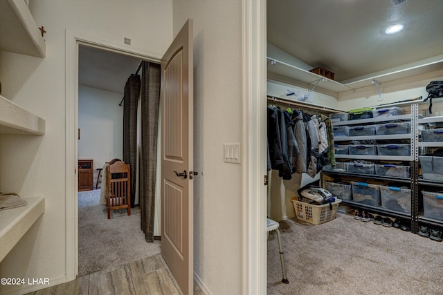 walk in closet with light colored carpet