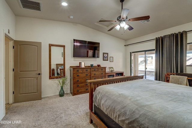 bedroom with lofted ceiling, access to outside, light colored carpet, and ceiling fan