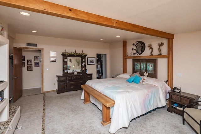bedroom featuring visible vents, recessed lighting, beam ceiling, and light carpet