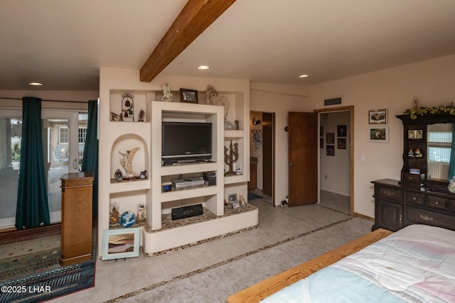 bedroom featuring beamed ceiling, baseboards, visible vents, and recessed lighting