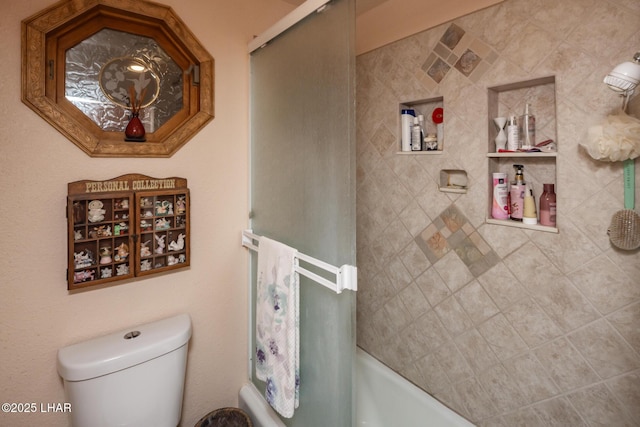 full bath with toilet, a bath, and a shower with door