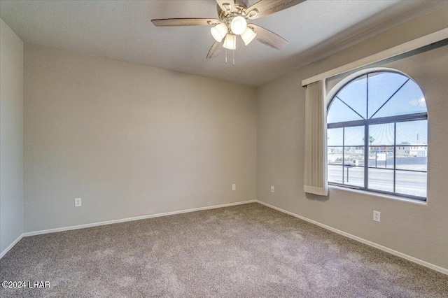 spare room featuring a textured ceiling, a wealth of natural light, light colored carpet, and ceiling fan