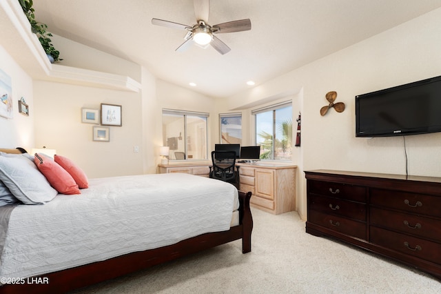 bedroom featuring lofted ceiling, ceiling fan, recessed lighting, and light colored carpet