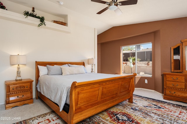 bedroom featuring lofted ceiling, access to outside, light carpet, and a ceiling fan