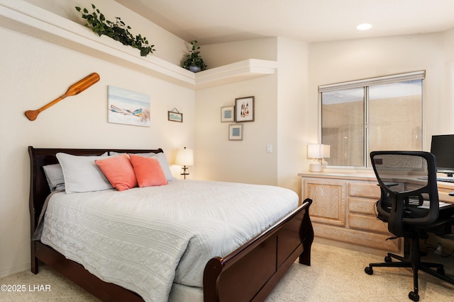 bedroom featuring recessed lighting and light colored carpet