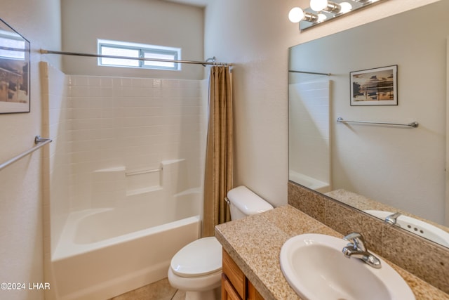 full bathroom with shower / bathtub combination with curtain, vanity, and toilet