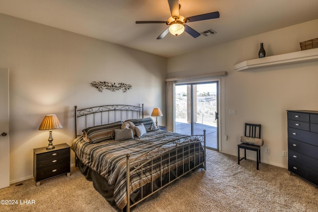 bedroom with light carpet, access to exterior, and ceiling fan