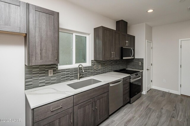 2080 Swanson Ave Unit F, Lake Havasu City, AZ 86403 - kitchen featuring light stone countertops, dark brown cabinetry, tasteful backsplash, a sink, and stainless steel appliances