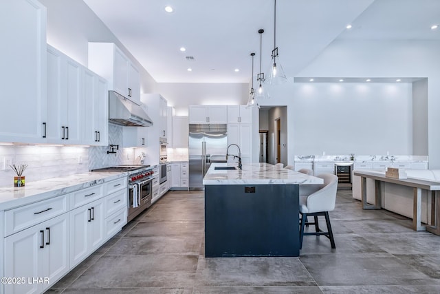 816 Isola Bella Loop, Lake Havasu City, AZ 86403 - kitchen featuring under cabinet range hood, premium appliances, beverage cooler, light stone counters, and white cabinetry