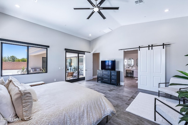 816 Isola Bella Loop, Lake Havasu City, AZ 86403 - bedroom with a barn door, access to outside, high vaulted ceiling, recessed lighting, and connected bathroom