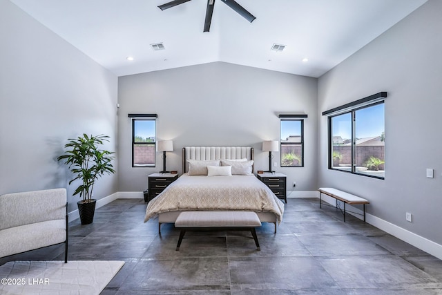 816 Isola Bella Loop, Lake Havasu City, AZ 86403 - bedroom featuring finished concrete flooring, vaulted ceiling, and ceiling fan