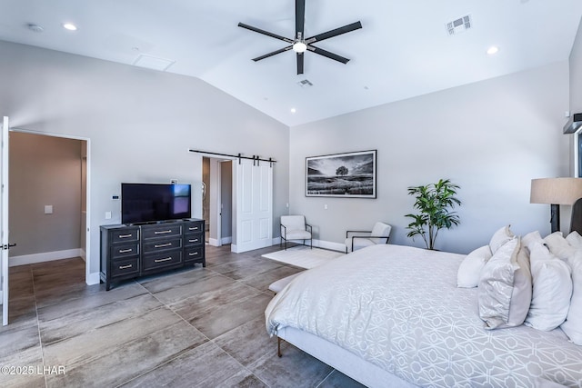 816 Isola Bella Loop, Lake Havasu City, AZ 86403 - bedroom featuring vaulted ceiling, a barn door, recessed lighting, and ceiling fan