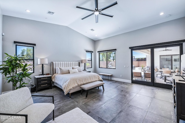 816 Isola Bella Loop, Lake Havasu City, AZ 86403 - bedroom featuring access to exterior, lofted ceiling, recessed lighting, and ceiling fan