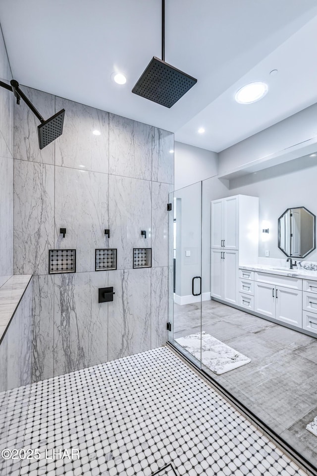 816 Isola Bella Loop, Lake Havasu City, AZ 86403 - bathroom with a marble finish shower, vanity, and recessed lighting