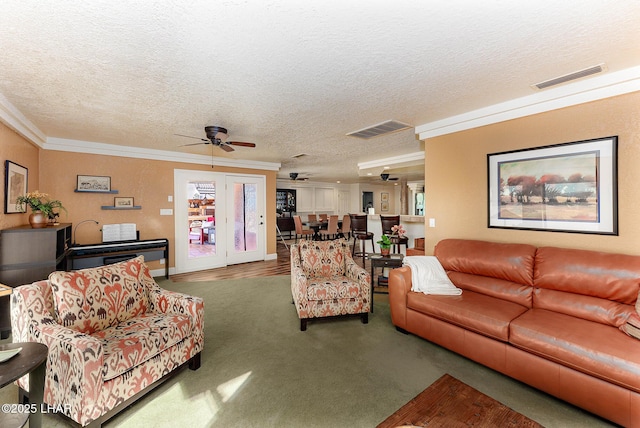875 Wallingford Pl, Lake Havasu City, AZ 86406 - carpeted living area with a ceiling fan, ornamental molding, and a textured ceiling