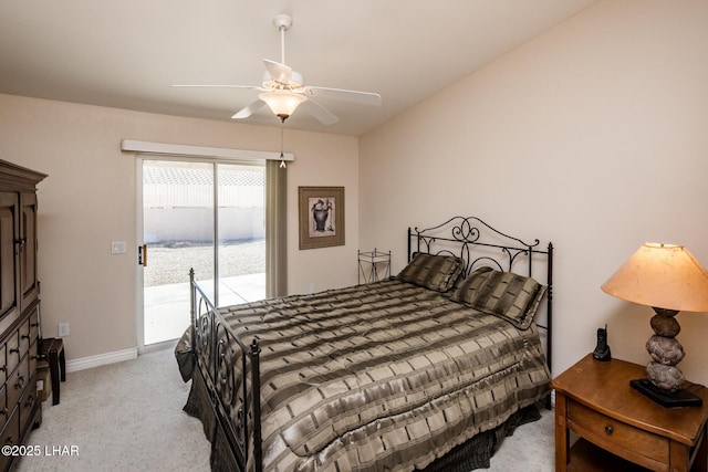 carpeted bedroom featuring ceiling fan, access to outside, and baseboards