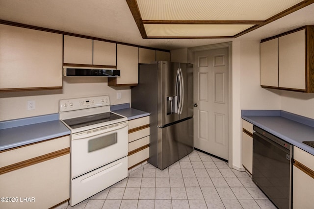 kitchen featuring ventilation hood, light tile patterned floors, electric range, stainless steel fridge with ice dispenser, and black dishwasher