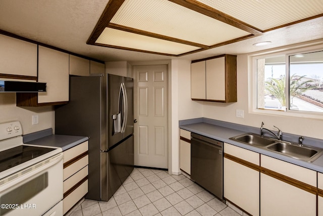 kitchen featuring light tile patterned floors, dishwashing machine, range hood, white electric range, and a sink