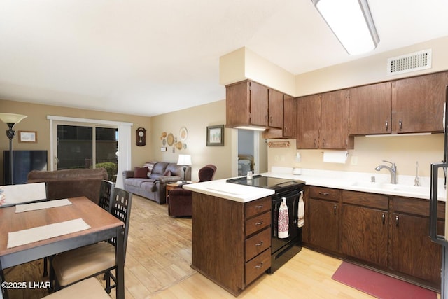 kitchen with sink, electric range, light hardwood / wood-style floors, and kitchen peninsula