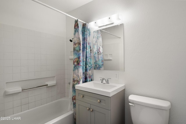 bathroom with toilet, shower / bathtub combination with curtain, and vanity