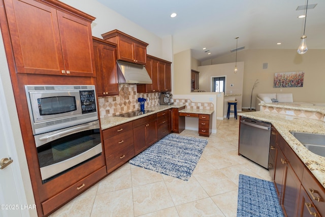 kitchen with tasteful backsplash, a peninsula, hanging light fixtures, stainless steel appliances, and under cabinet range hood