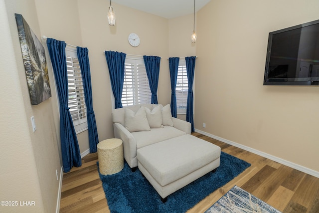 bedroom featuring a high ceiling, baseboards, and wood finished floors