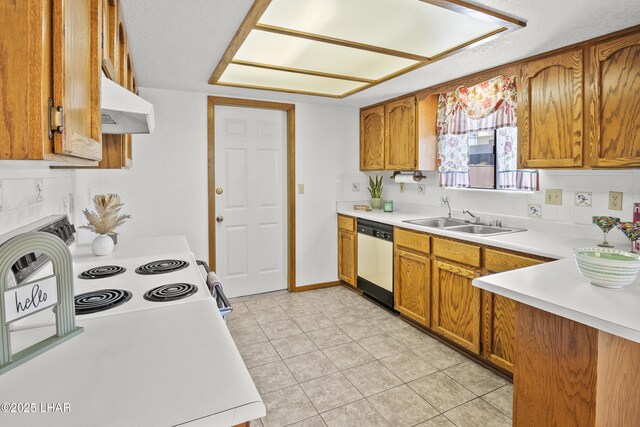 kitchen with stainless steel dishwasher, sink, white electric range oven, and light tile patterned floors