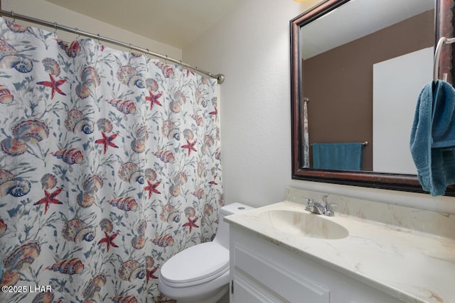 full bathroom with toilet, curtained shower, and vanity