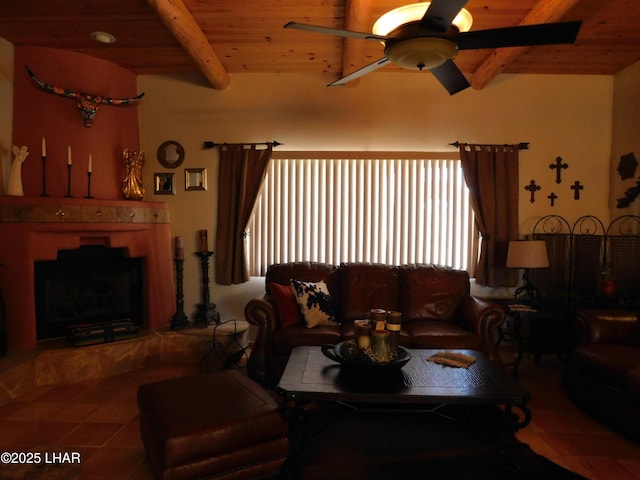 tiled living room featuring beam ceiling, wood ceiling, and ceiling fan