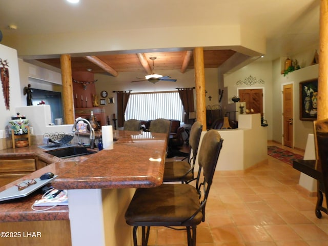 kitchen featuring a breakfast bar, sink, wood ceiling, kitchen peninsula, and beam ceiling