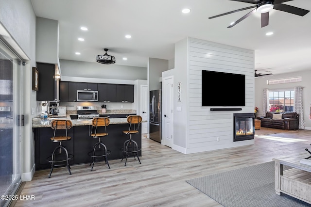 kitchen with appliances with stainless steel finishes, a fireplace, light hardwood / wood-style floors, a kitchen bar, and kitchen peninsula