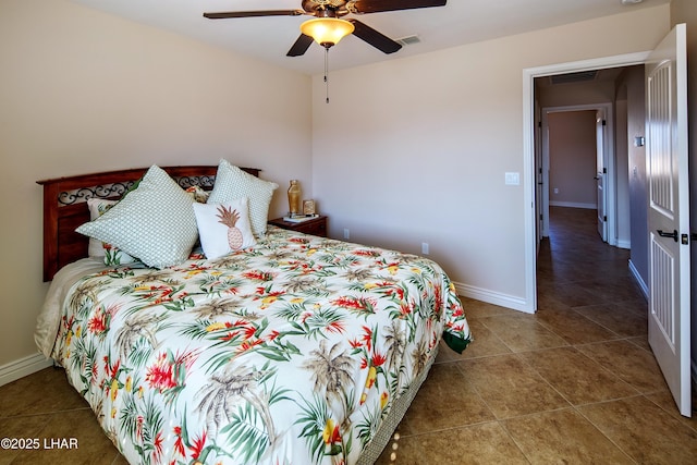 bedroom with baseboards, visible vents, a ceiling fan, and tile patterned floors