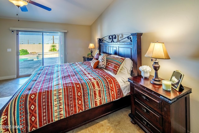 bedroom featuring baseboards, a ceiling fan, lofted ceiling, access to outside, and light tile patterned flooring