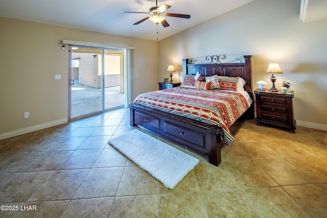 bedroom with access to exterior, light tile patterned floors, vaulted ceiling, ceiling fan, and baseboards