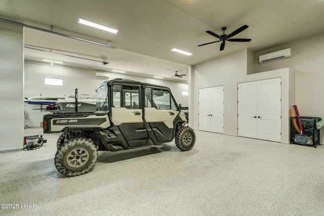 garage featuring ceiling fan and a wall mounted air conditioner