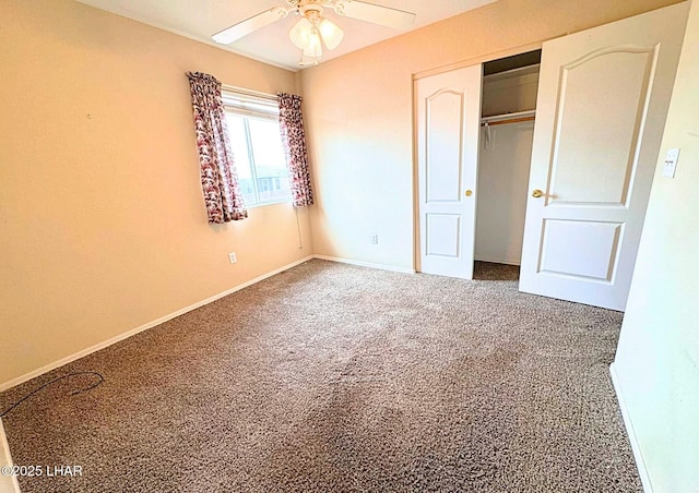 unfurnished bedroom featuring ceiling fan, carpet, a closet, and baseboards