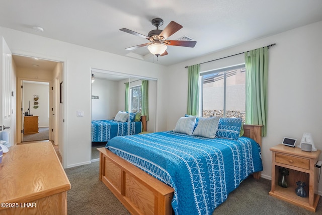 bedroom featuring carpet, a closet, visible vents, ceiling fan, and baseboards