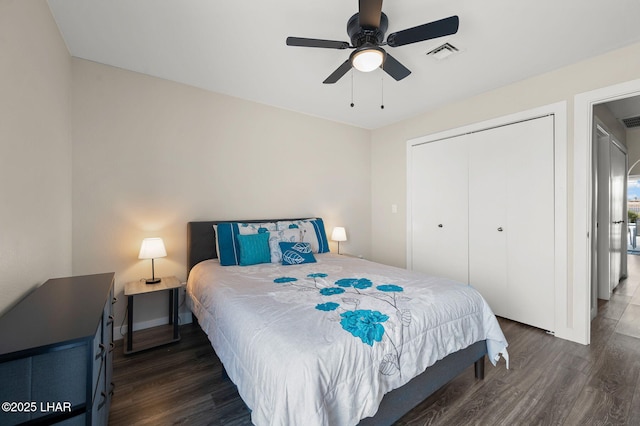 bedroom with visible vents, ceiling fan, wood finished floors, and a closet
