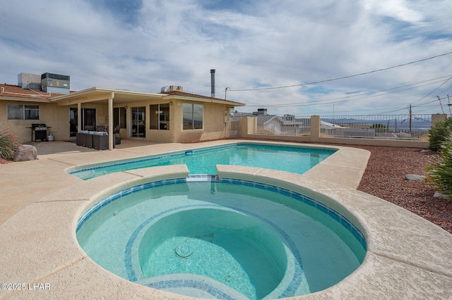 view of swimming pool with fence, a patio, an outdoor hangout area, area for grilling, and a pool with connected hot tub