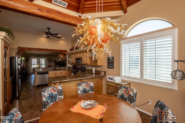 dining area with baseboards, visible vents, a ceiling fan, and beam ceiling