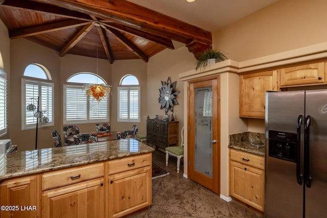 kitchen featuring stainless steel fridge, wood ceiling, vaulted ceiling with beams, light stone countertops, and light brown cabinets