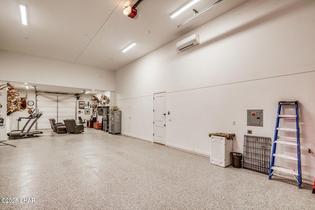 garage with electric panel, electric water heater, an AC wall unit, and a garage door opener