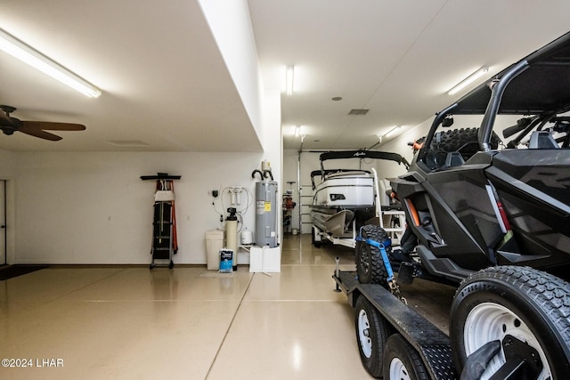 garage with water heater and ceiling fan