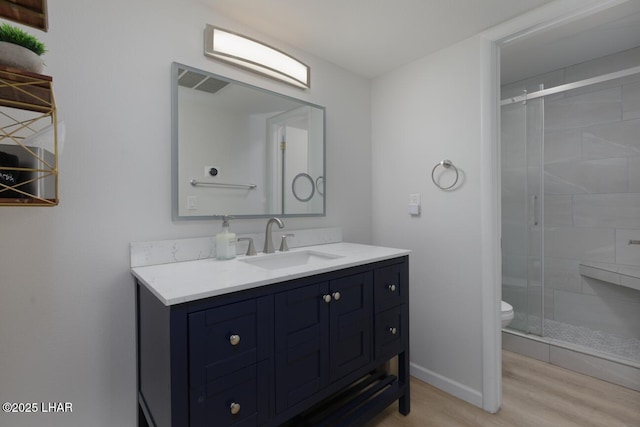 2100 Swanson Ave Unit 209, Lake Havasu City, AZ 86403 - bathroom with wood finished floors, toilet, vanity, and a stall shower