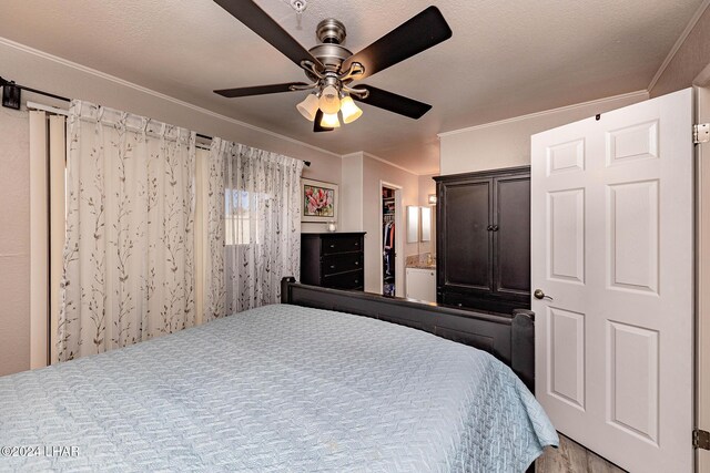 bedroom featuring crown molding, a walk in closet, ceiling fan, and a textured ceiling