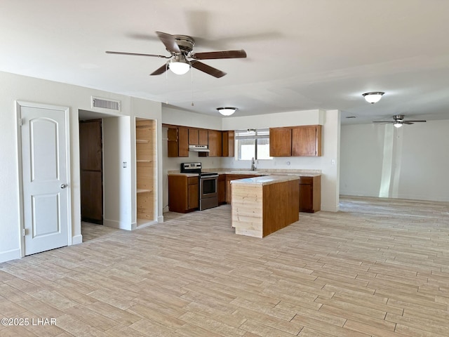 kitchen with sink, ceiling fan, stainless steel range with electric stovetop, a center island, and light hardwood / wood-style floors