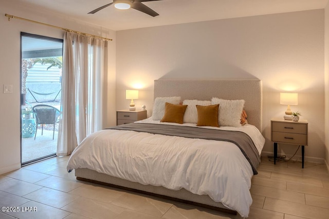 1364 Candy Dr, Lake Havasu City, AZ 86404 - bedroom featuring baseboards, light tile patterned flooring, access to outside, and a ceiling fan